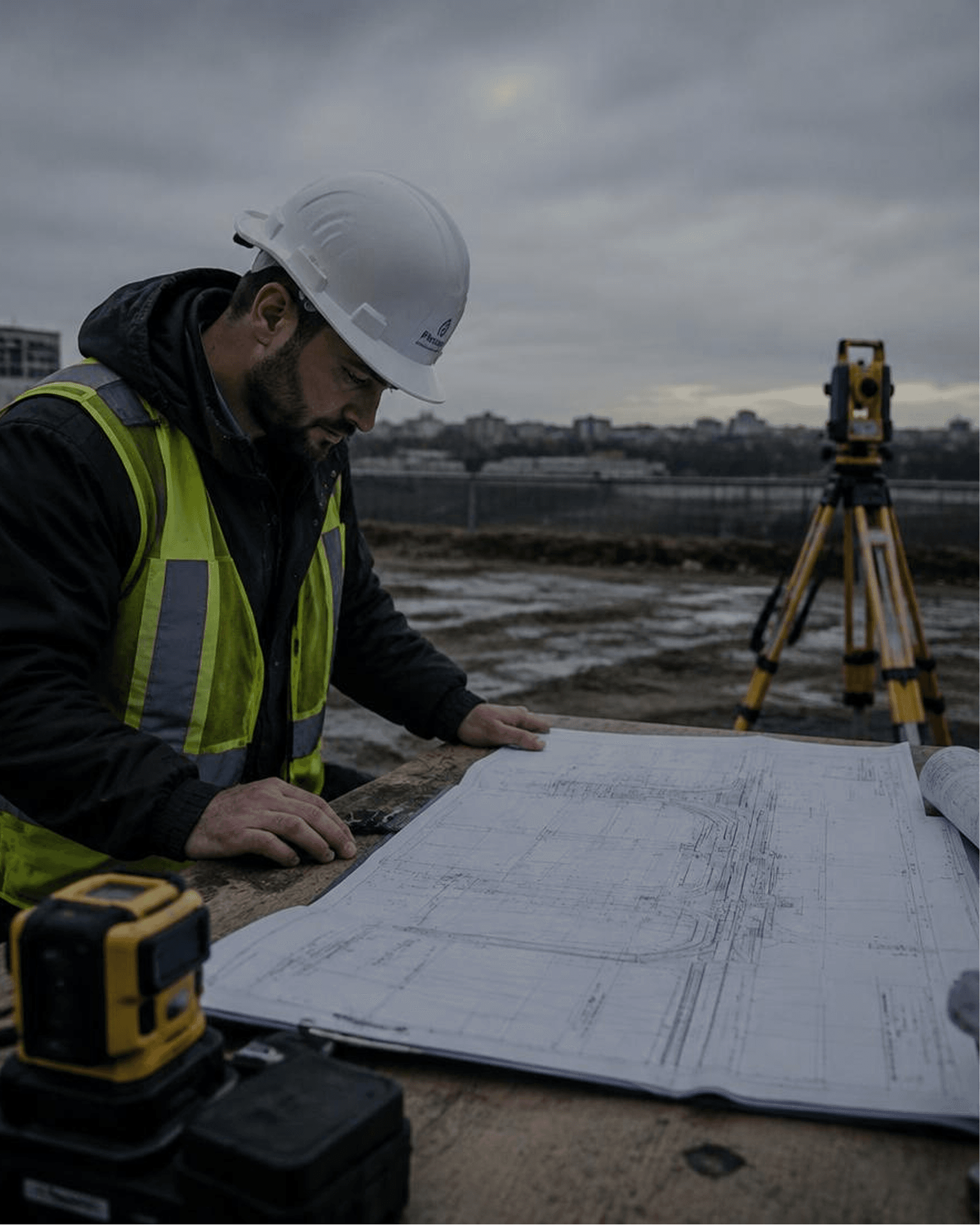 Civil engineer reviewing construction drawings on site