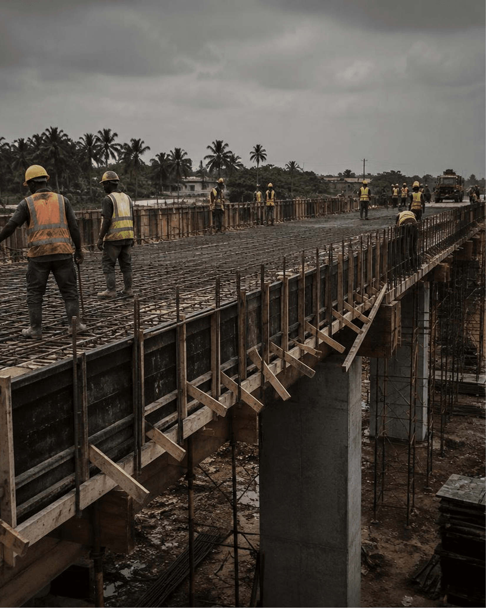 Civil engineering team constructing a bridge